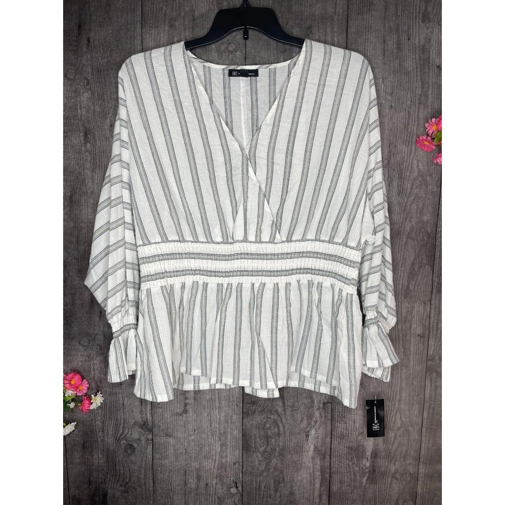 NEW INC Plus Size Striped Smocked-Waist Top